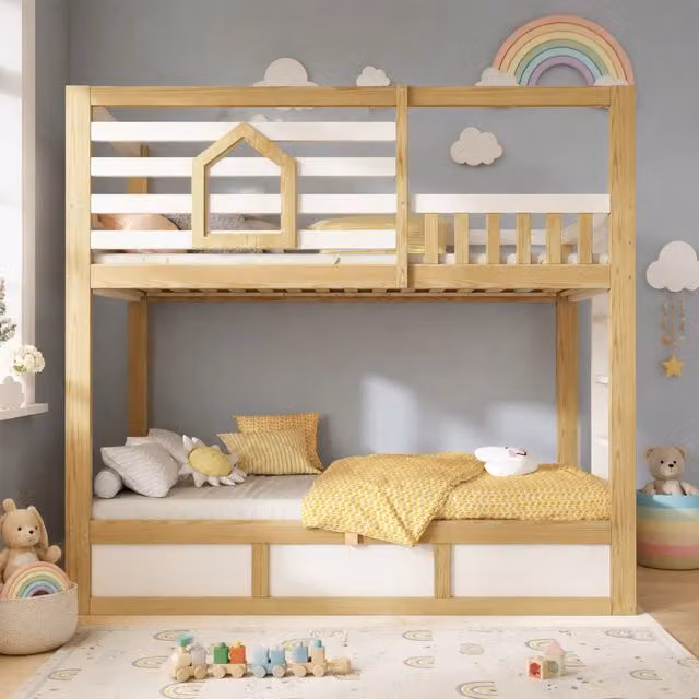 Letto a castello Mivray stile casetta con vano contenitore idraulico e scala integrata, colore bianco e rovere, L/P/H: 210 x 90 x 184 cm