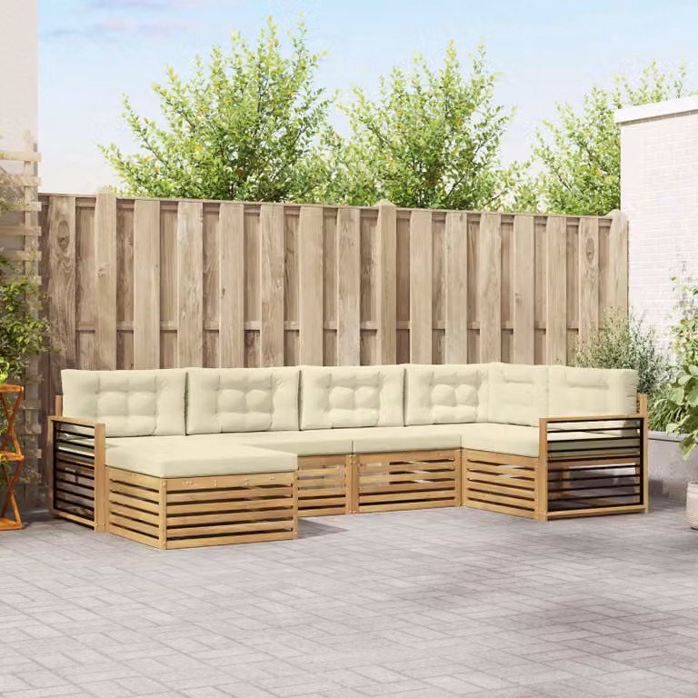 Set di divani da esterno vidaXL a forma di L composto da 6 pezzi con struttura in legno di acacia e cuscini bianchi e beige