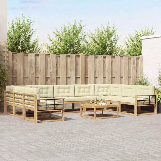 Set di divani da esterno a L vidaXL in legno di acacia con cuscini bianco e beige