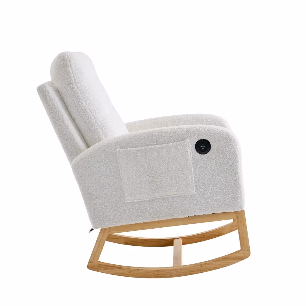 Sedia a dondolo Minimal con porta USB-C in tessuto boucle bianco e struttura in legno massello, L: 66.5 cm, P: 121.5 cm, H: 102 cm – 2