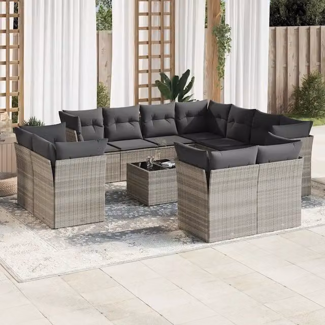 Set Divano da Giardino VIDAXL a Forma a U in Polyrattan con Cuscini Grigio Chiaro, 12 Pezzi