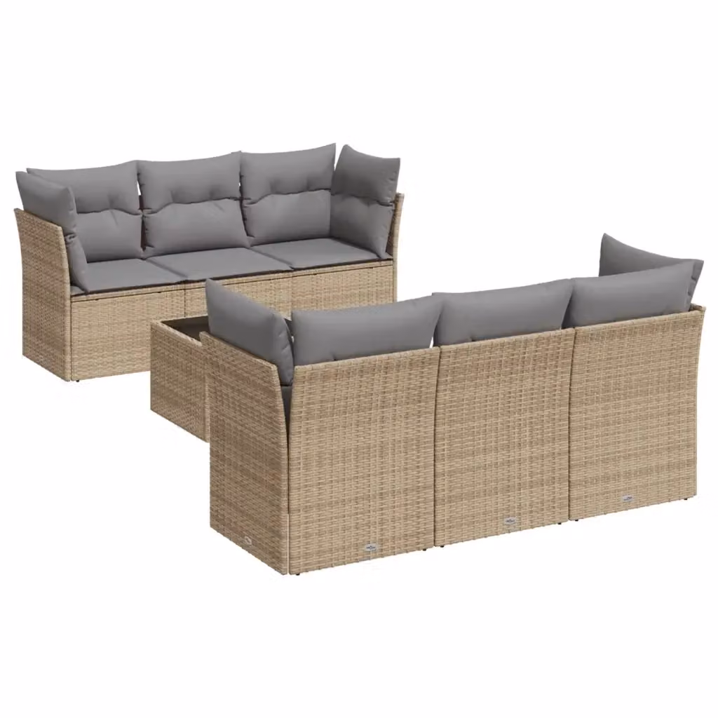 vidaXL Set Divani da Giardino 7 pz a Forma a L in Polyrattan con Cuscini Beige e Tavolino da Esterno – 2