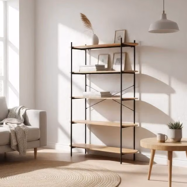 Libreria Hanoi20B in stile industrial con 5 ripiani in rovere e struttura in metallo nero, L/P/H: 120 x 34,5 x 174 cm