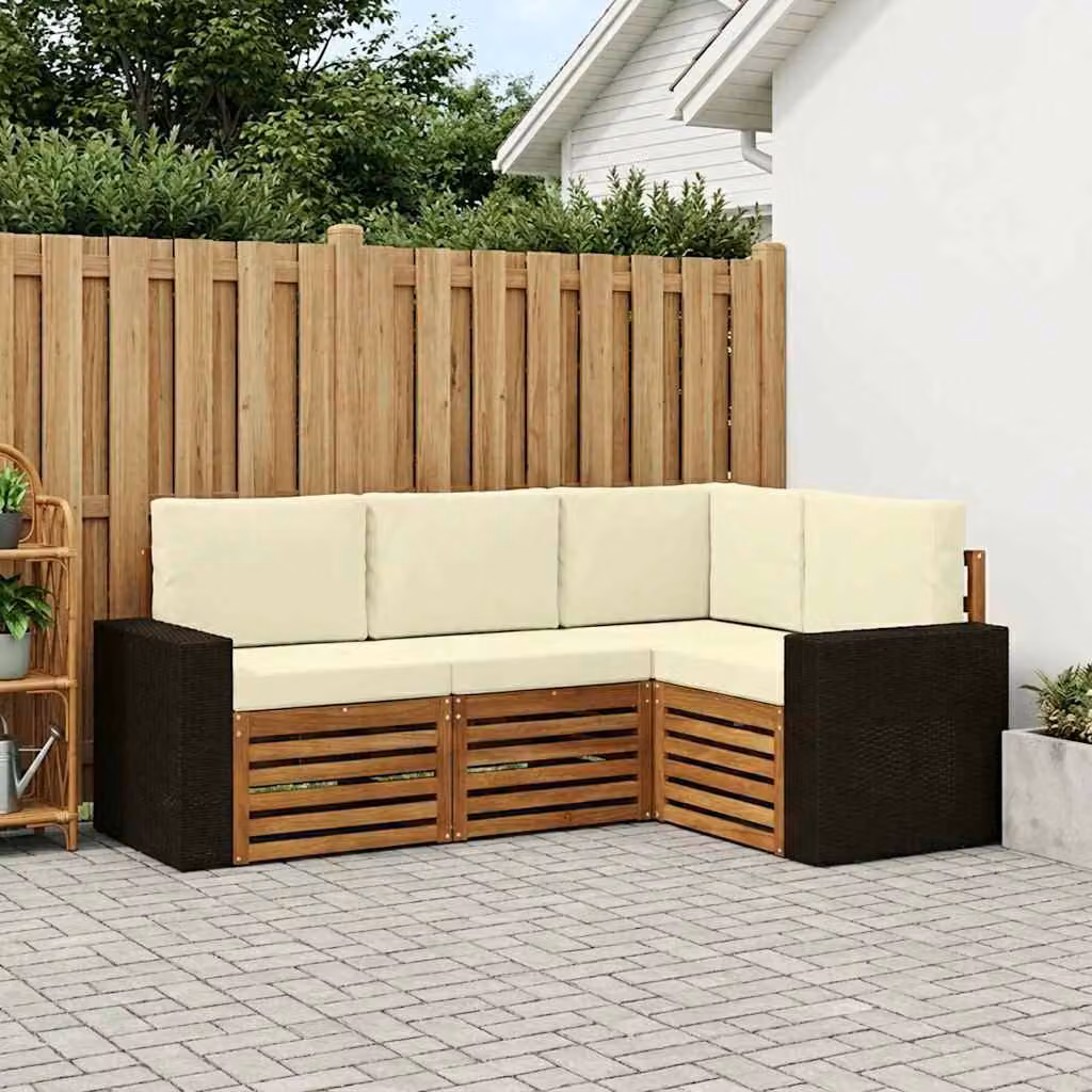 Set di divani da esterno vidaXL a forma di L composto da 4 pezzi in legno di acacia con cuscini beige e marroni in poliestere resistente ai raggi UV