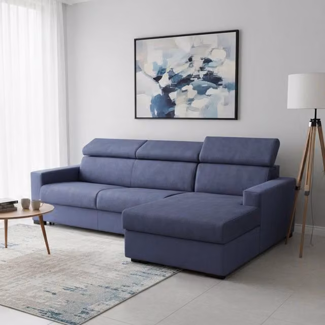 Divano Letto Allevatore Talamo Italia, Divano ad Angolo con Penisola Contenitore Destra, Made in Italy, Blu, L: 280 cm, P: 95 cm, H: 85 cm – 1