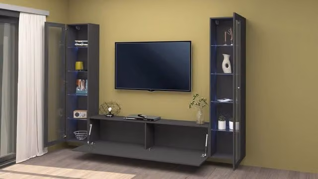 Parete attrezzata mobile TV sospesa design moderno antracite 2 vetrine Liv RT