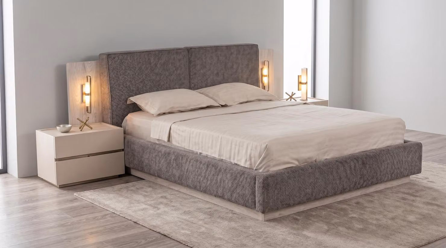 Set per camera da letto moderno, grigio, con letto matrimoniale, due comodini e struttura in tessuto