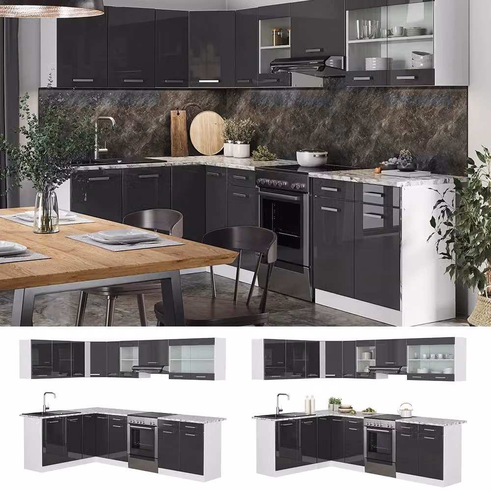 Cucina ad angolo moderna Vicco R-Line in MDF, colore Antracite lucido e Bianco, con piano effetto marmo e illuminazione LED integrata, L/P/H: 267 x 167 x 81,6 cm – 2