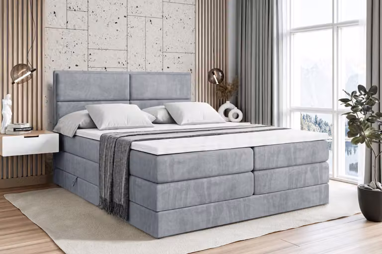 Letto boxspring ALTDECOR con 2 materassi e topper - 180x200 cm - AURA KING - Velluto grigio - Letto imbottito con materassi H3 e H4, contenitore e rete a doghe, letto con spazio contenitivo