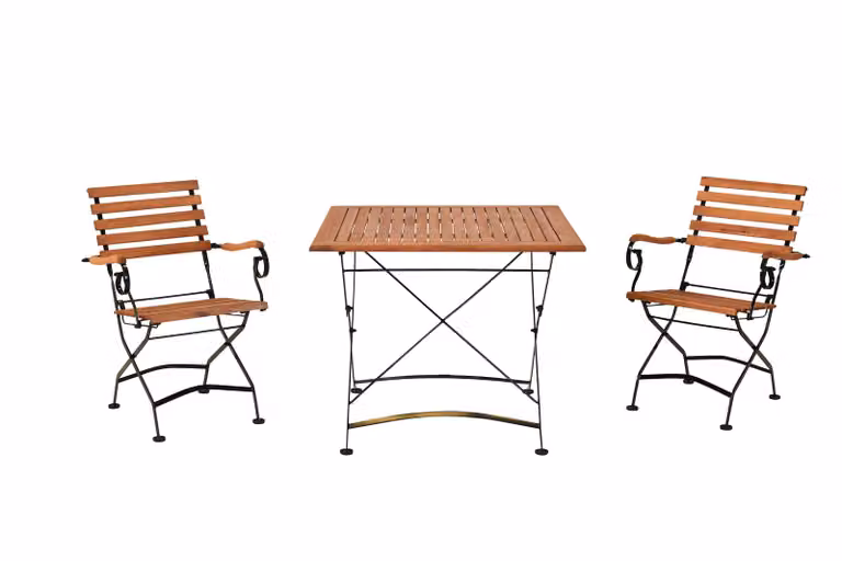 Set di mobili da giardino Merxx Schlossgarten 3 pezzi, 2 poltrone pieghevoli, tavolo pieghevole 90 x 90 cm - acciaio piatto con eucalipto
