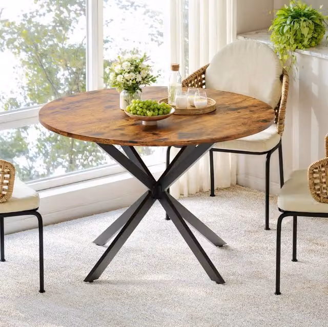 Tavolo da pranzo rotondo Ø120 cm in stile industriale con gambe a X vintage marrone e nero
