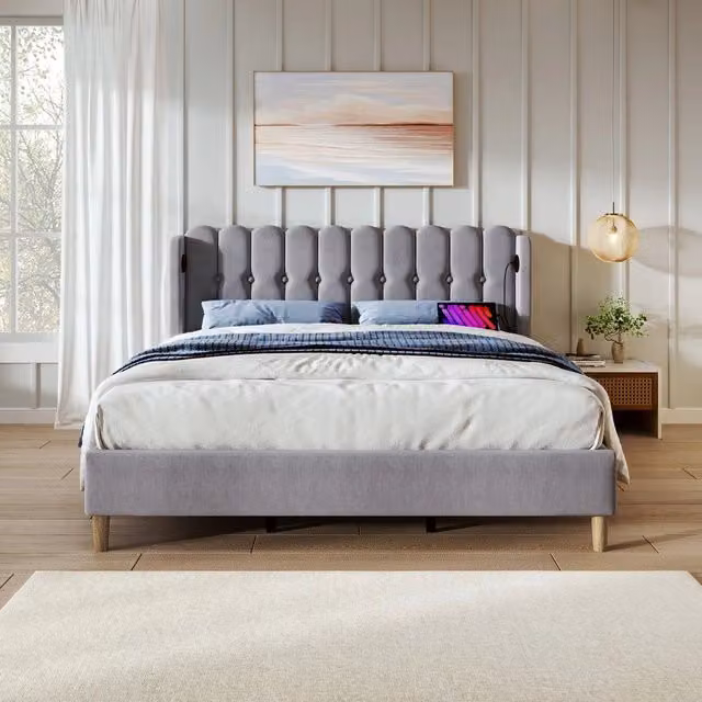Letto Matrimoniale Imbottito con USB ¨C MINIMAL ¨C Tessuto Grigio 160x200