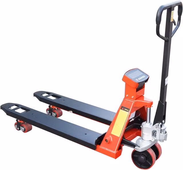 Transpallet manuale con bilancia elettronica Breckner Germany da 2T, colore rosso, ruote in poliuretano