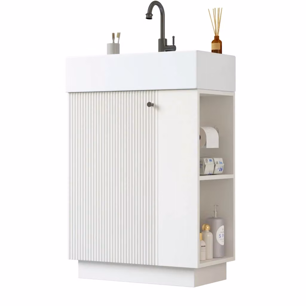 Mobile Sottolavabo da Bagno Minimal con Lavabo in Ceramica Bianco Effetto Legno e Portacarta Igienica – 2