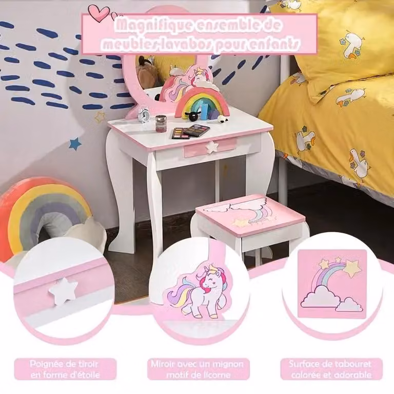 Tavolino da trucco per bambini con specchio removibile e cassetto portaoggetti
