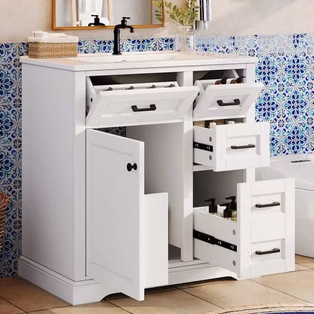 Mobile bagno ULEVR da pavimento 76x47x82 cm con lavabo in ceramica, 4 cassetti e anta soft-close, bianco