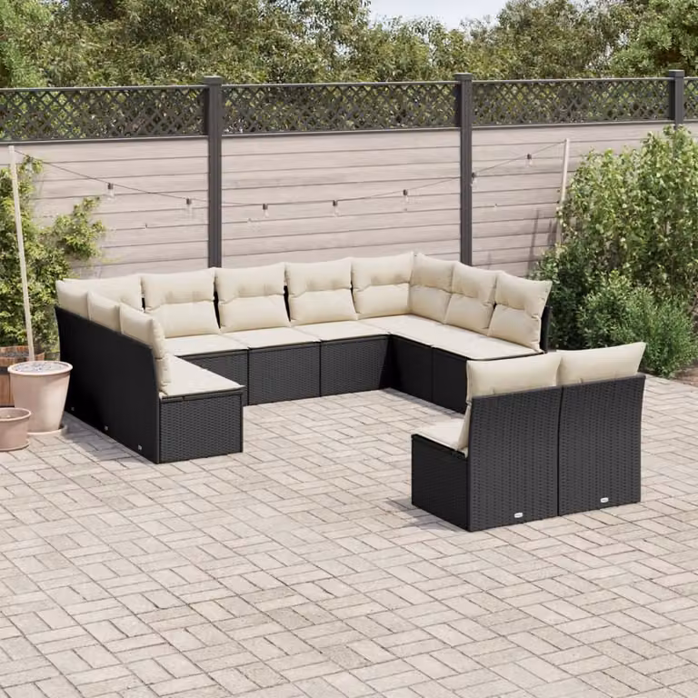 vidaXL Set Divani da Giardino 11 pz a Forma a U con Cuscini in Polyrattan e Struttura in Acciaio Nero e Bianco