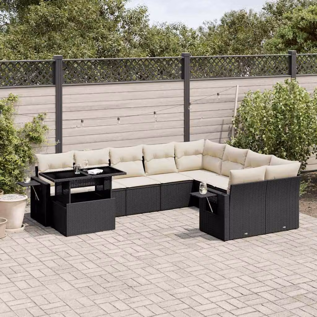 Set di Divani da Giardino vidaXL 10 Pezzi con Cuscini e Tavolino, Polyrattan e Metallo Nero e Bianco – 1