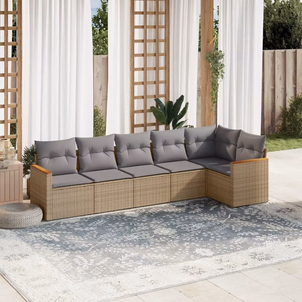 vidaXL Set Divano da Giardino a L in Polyrattan e Metallo, 6 Pezzi con Cuscini Beige e Grigio, Design Moderno con Rivestimenti Rimovibili – 1