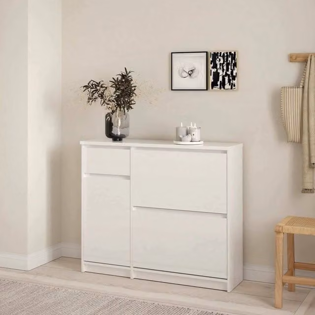 Scarpiera DMORA Bianca Lucida con Ante Basculanti e Cassetti Interni per Ingresso e Corridoio L: 109 cm, P: 32 cm, H: 93 cm – 1