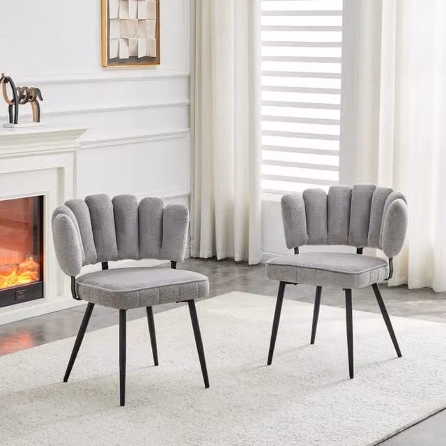 Set di 2 Sedie da Pranzo Minimal con Schienale a Fiore in Velluto Grigio Chiaro e Gambe in Metallo Nero