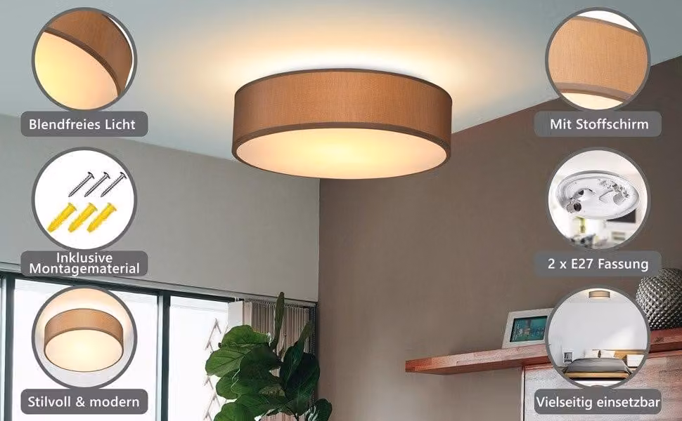 Lampada da soffitto, paralume in tessuto, 38 cm, tortora, attacco E27