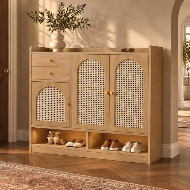 Scarpiera con LED, 3 ante in rattan, 2 cassetti e ripiani regolabili per ingresso, MDF naturale, 120 × 35 × 100 cm