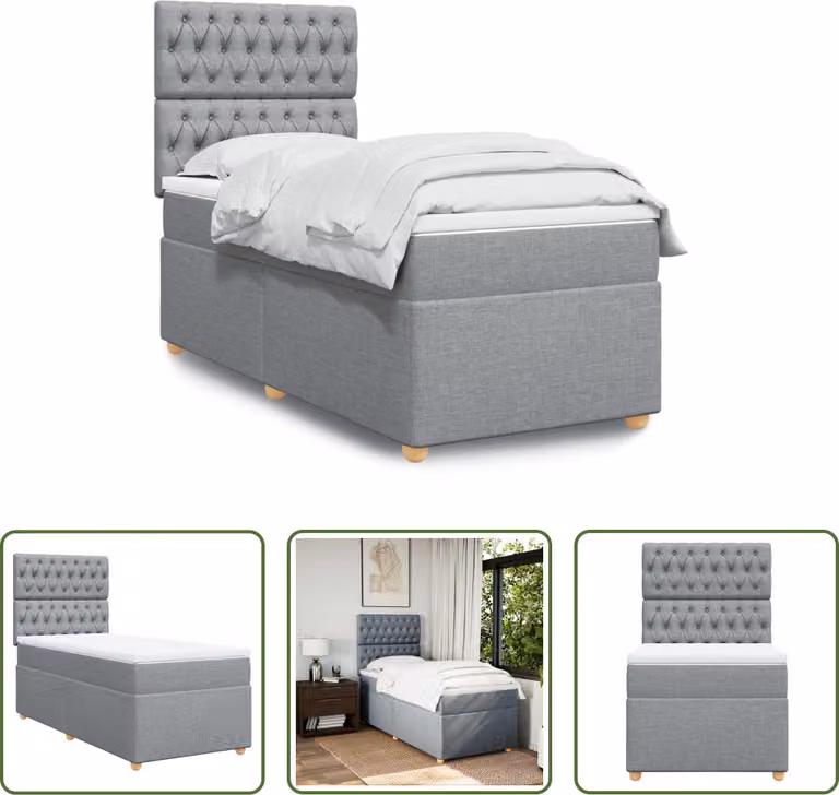 The Living Store Letto a molle con materasso grigio chiaro 90x190 cm in tessuto