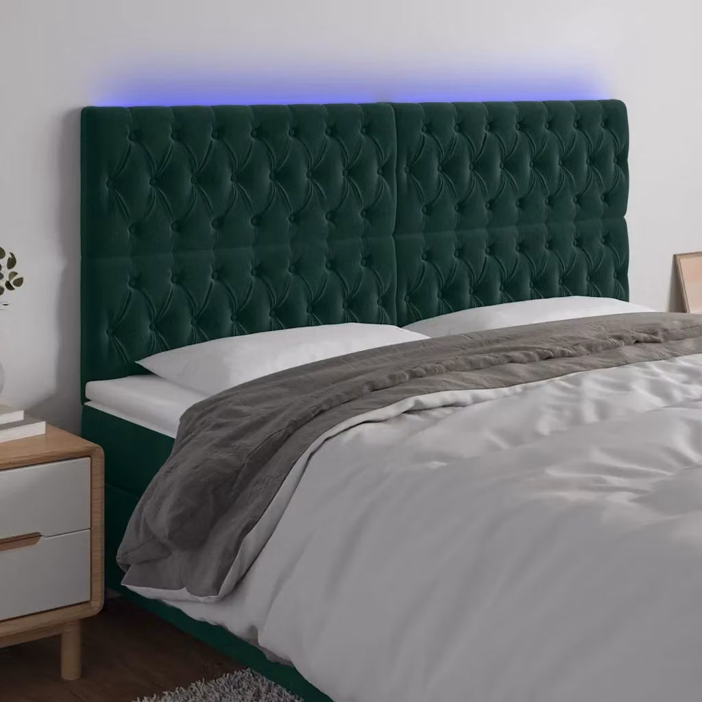 Testiera con illuminazione LED e porta di ricarica USB in velluto verde scuro L: 200 cm, P: 7 cm, H: 118/128 cm – 2