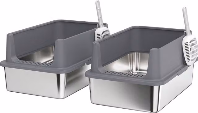 Set di 2 lettiere XL PawHut in acciaio inox con bordo alto e 2 palette, grigio scuro – 1