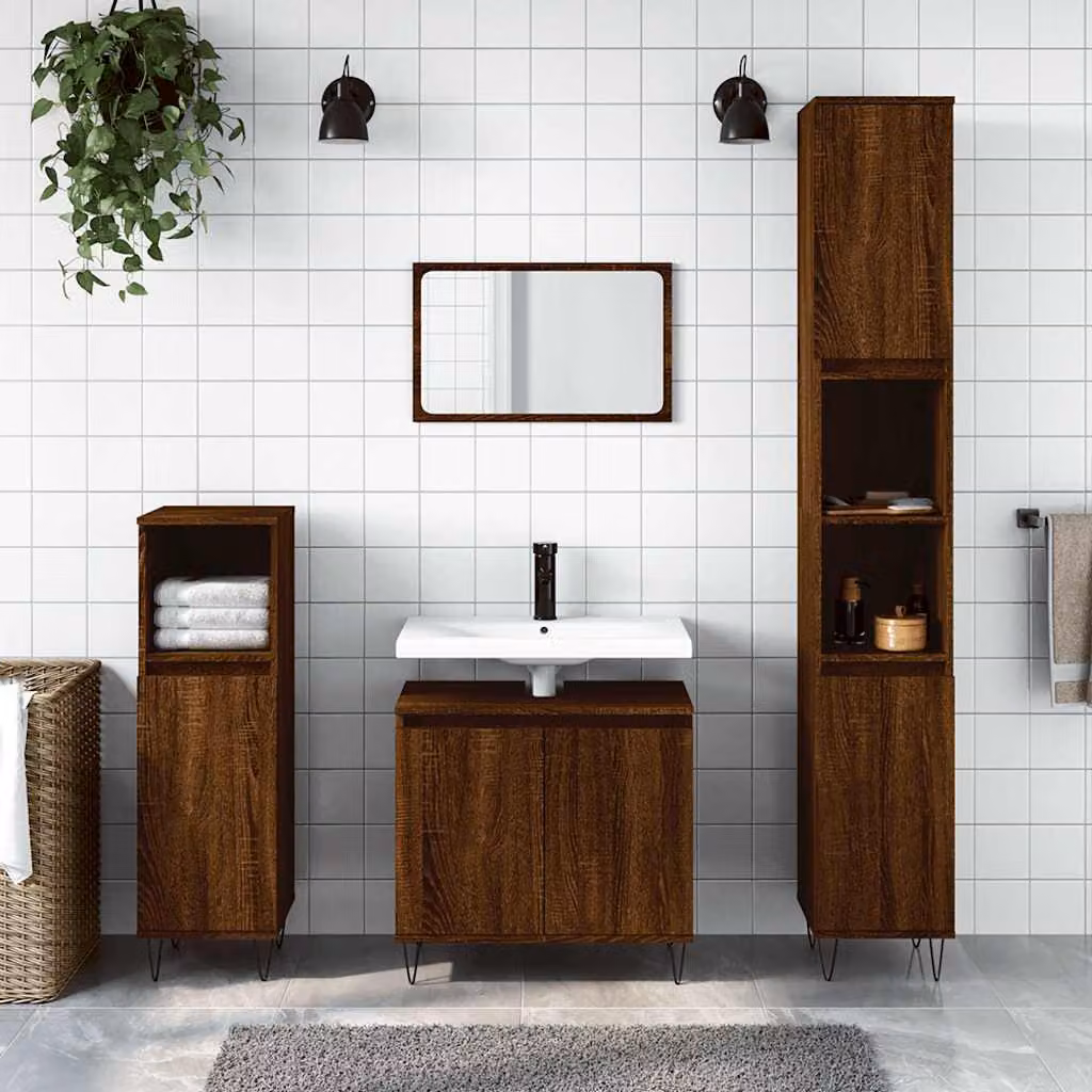 Armadietto da bagno vidaXL in stile industriale in legno rovere marrone con ante a battente e ripiani interni, L: 58 cm, P: 33 cm, H: 60 cm