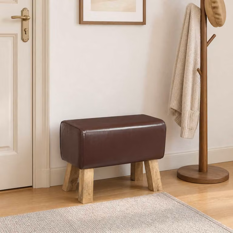 Panca moderna vidaXL in pelle marrone e legno di mango, L: 60 cm, P: 30 cm, H: 45 cm