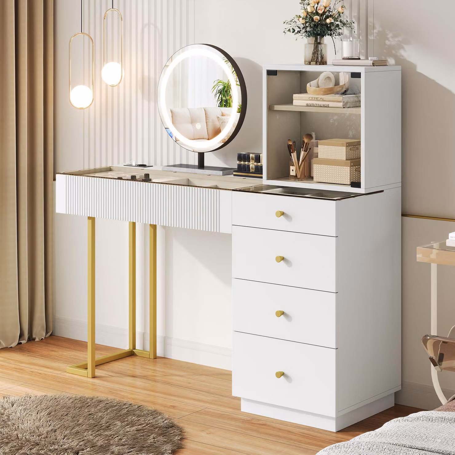 Tavolino da toilette Merax con specchio illuminato a LED, 5 cassetti, mobile con anta in vetro, piano in vetro temperato, moderno tavolo cosmetico bianco