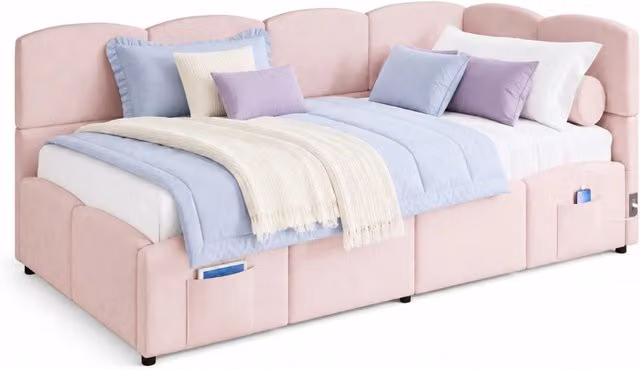 Letto singolo con contenitore 90x200 cm in velluto rosa con porte USB-A e USB-C