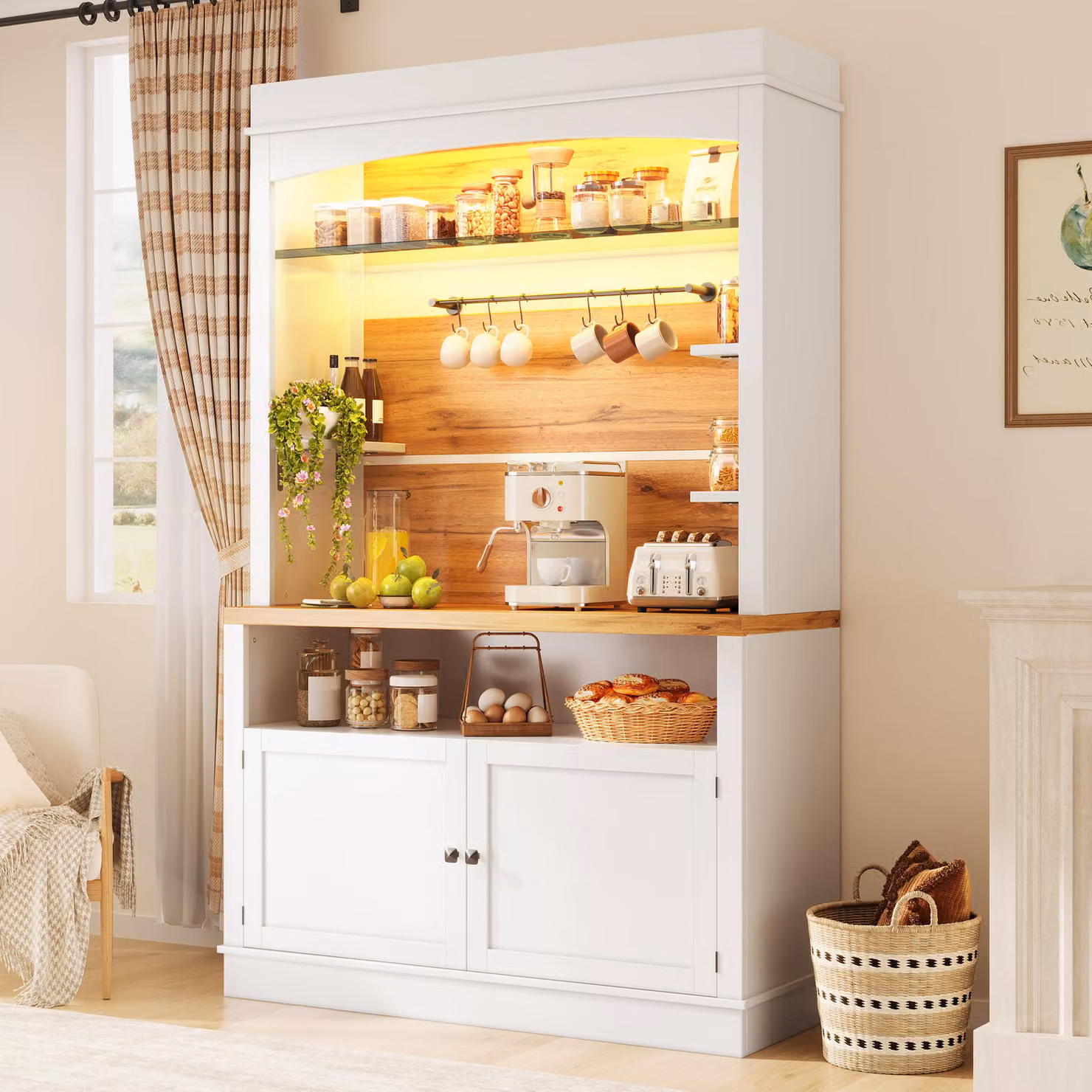 Armadio da cucina Flieks con illuminazione a LED e ripiano aperto, mobile alto 107x43x184 cm, bianco