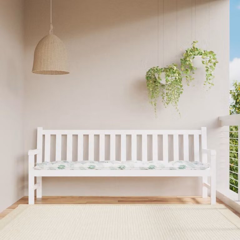 Cuscino per panca da giardino vidaXL con motivo a foglie, verde e bianco, L/P/H: 200 x 50 x 7 cm