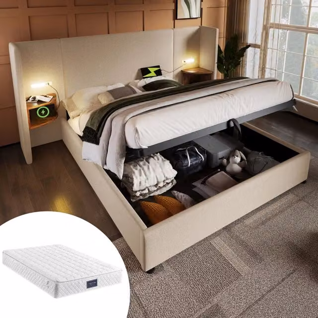 Desviae Letto contenitore 160 × 200 cm 2 posti con testiera, luce di lettura, USB Type-C, materasso incluso, beige