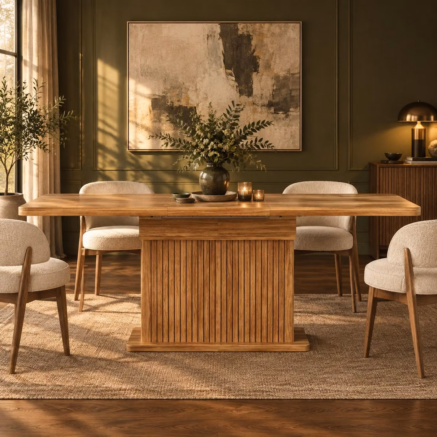 Tavolo da pranzo estendibile oqwish con spazio contenitore integrato, piano del tavolo allungabile, tavolo da cucina con frontali decorati con rilievi, colore marrone