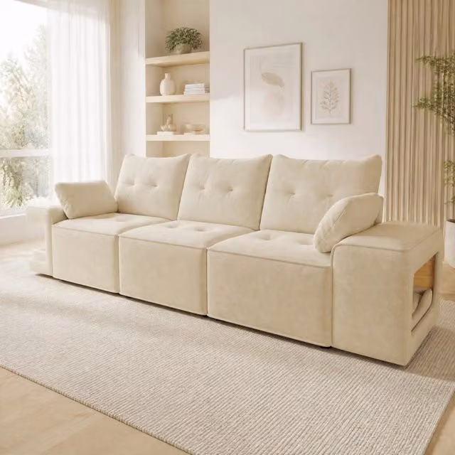 Divano modulare 3 posti in velluto beige con contenitore e nicchie per animali HOMVRA