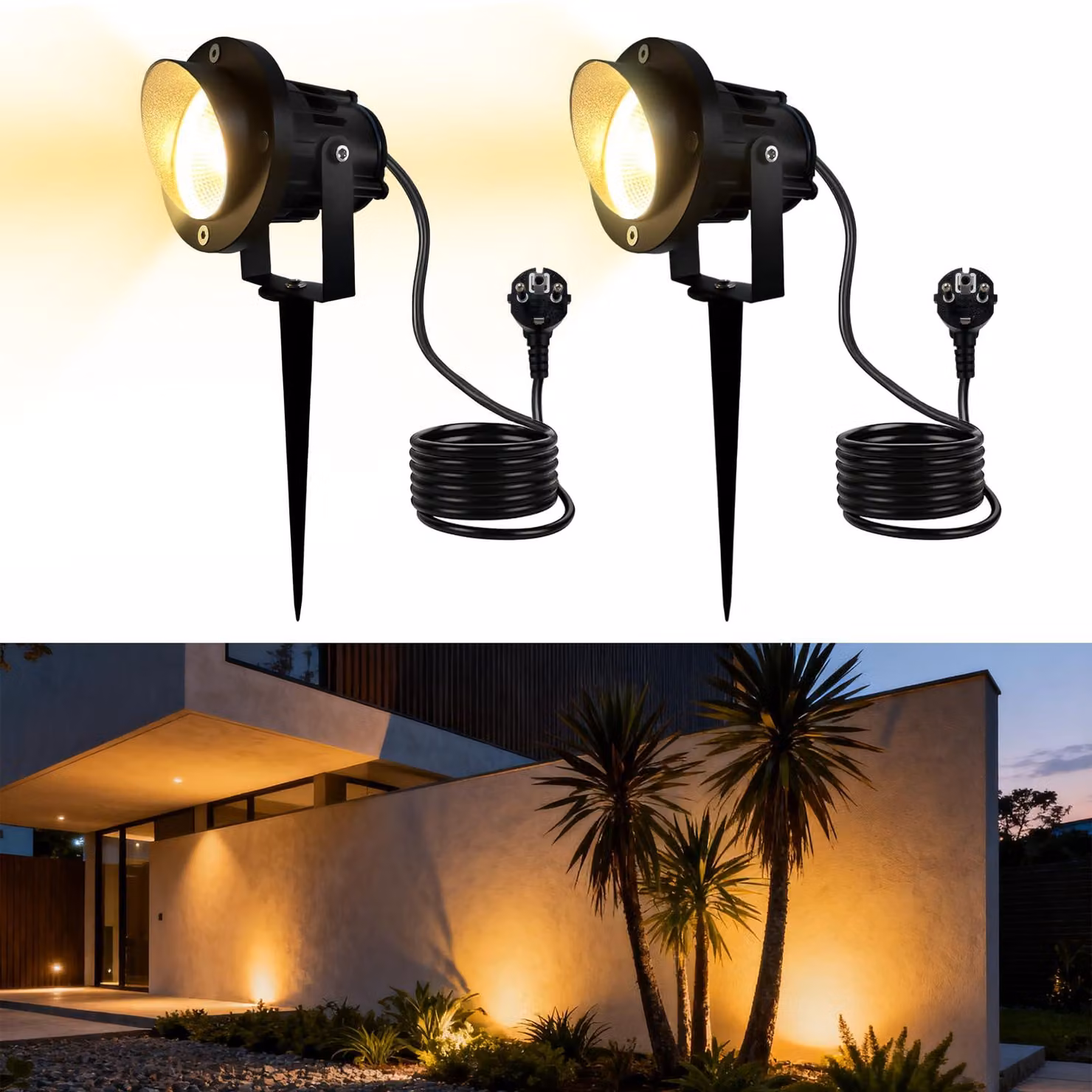 Faretti da giardino a LED, 10 W, luce bianco caldo, grado di protezione IP65, confezione da 2 pezzi, colore nero