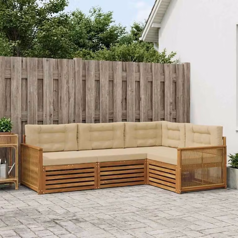 Set di divani da esterno vidaXL in legno di acacia con cuscini, composizione a L, colore beige e marrone