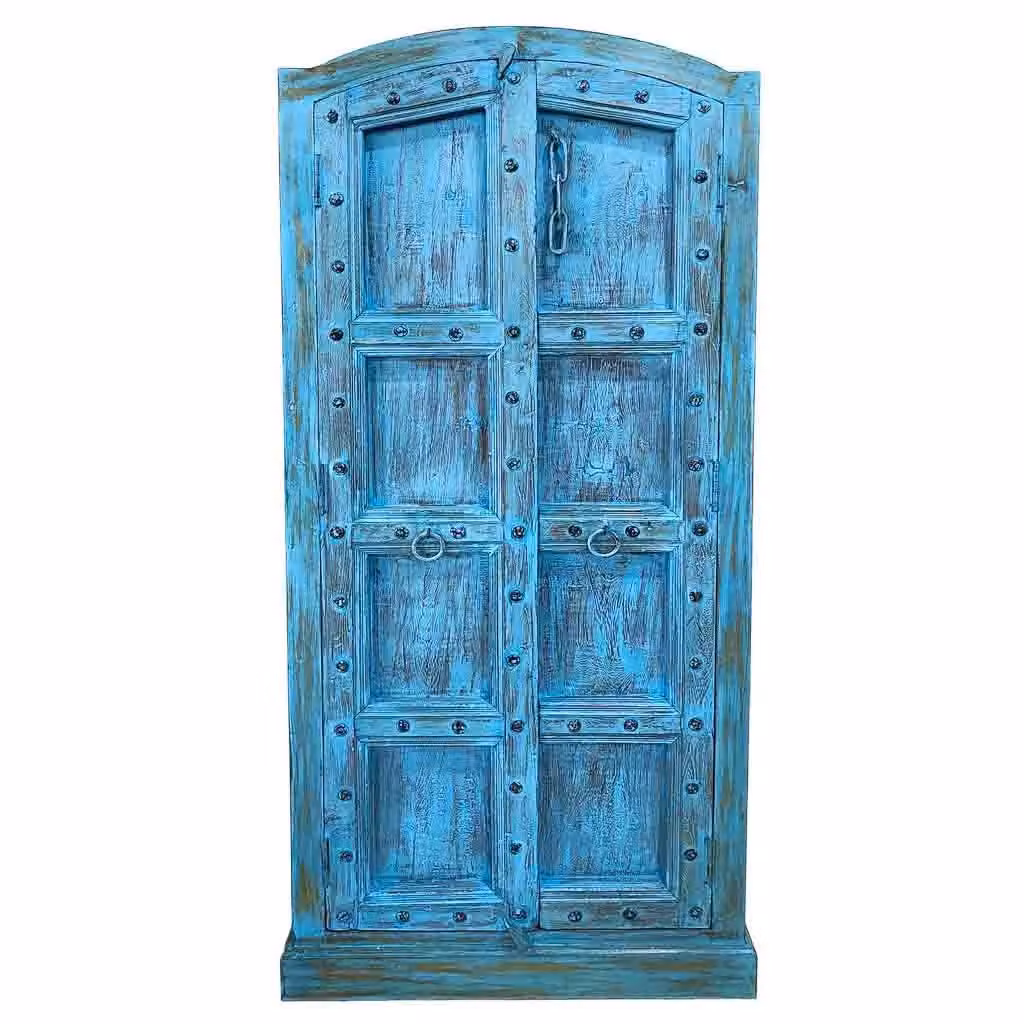Armadio in legno blu fatto a mano WANDERLUST DECO con ante a battente, stile rustico, L: 90-100 cm, P: 37 cm, H: 170-195 cm – 2
