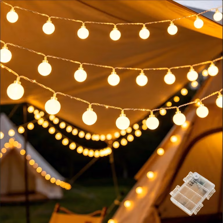 Catena luminosa da 6 metri, con 40 globi LED bianco caldo, alimentata a batteria, con timer