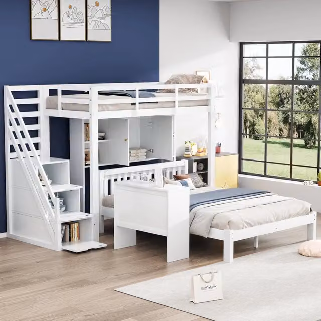 Letto a castello 3 posti 90×200 cm e 140×200 cm con scala contenitore, mensole e tavolino mobile, senza materasso, bianco