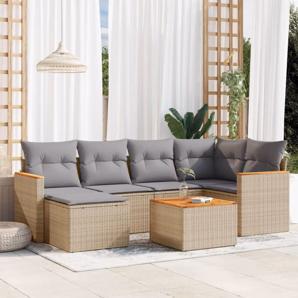vidaXL Set Divano da Giardino a L 7 pz con Cuscini Beige e Grigio in Polyrattan e Acciaio – 1