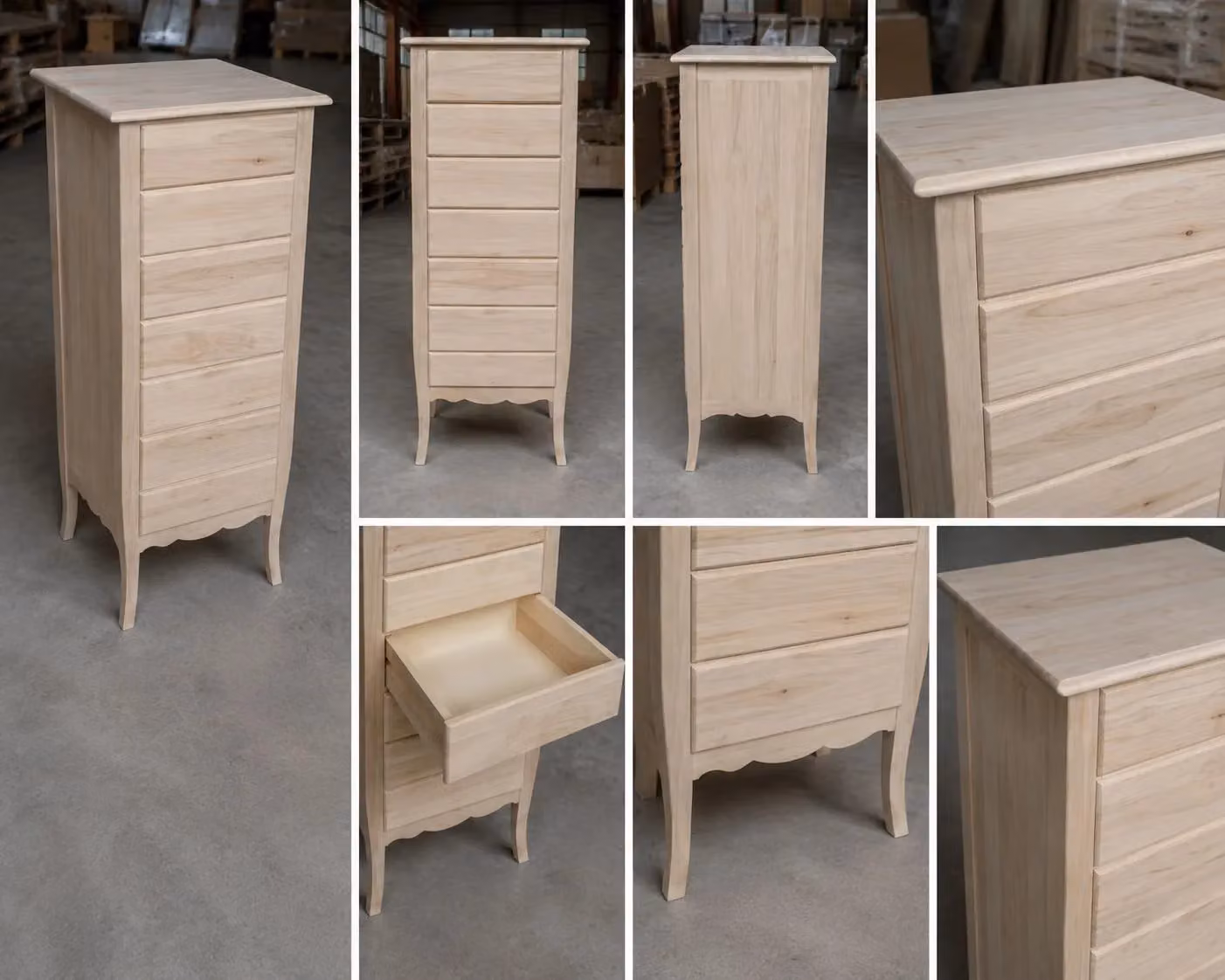 Cassettiera classica con 7 cassetti in legno grezzo Mobili 2G L/P/H: 50 x 37 x 107 cm – 1