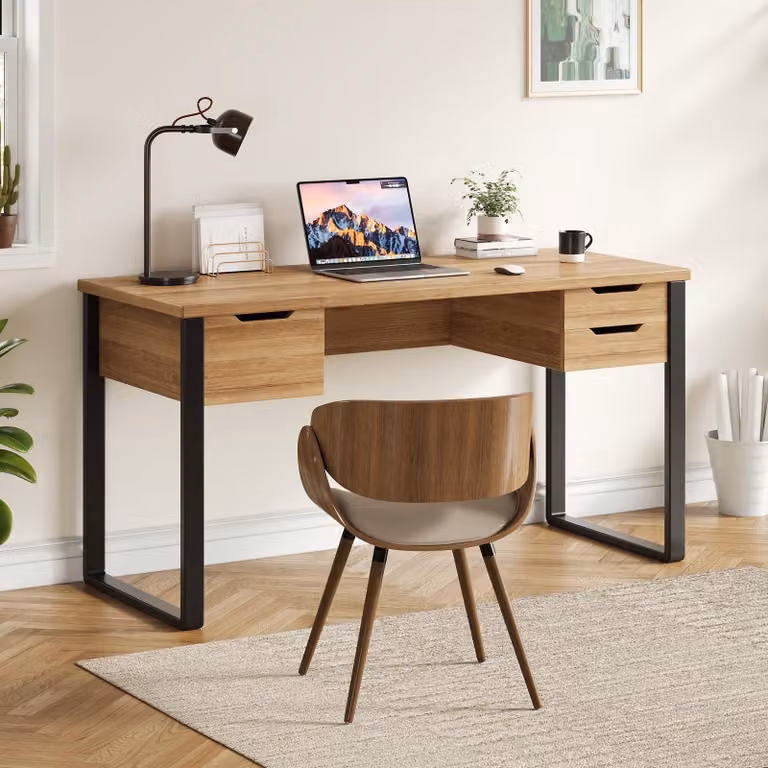 Scrivania Merax 130x55x76 cm, scrivania da ufficio in stile minimalista con 3 cassetti, scrivania in acciaio e legno con struttura in metallo, scrivania per computer, finitura naturale