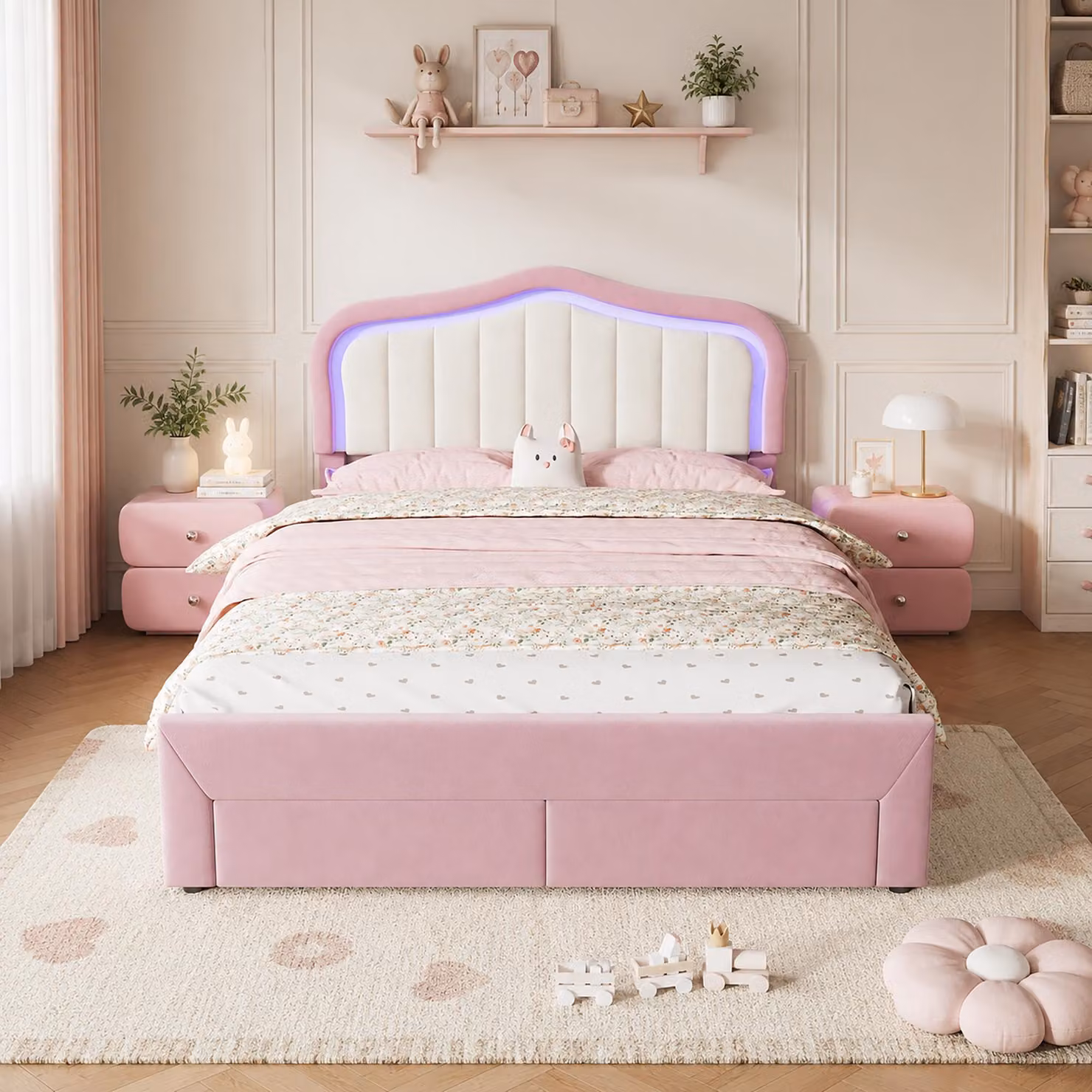 Letto a castello MODFU per bambini, 140 x 200 cm, con contenitore e illuminazione LED, struttura imbottita con schienale imbottito, senza materasso, colore rosa