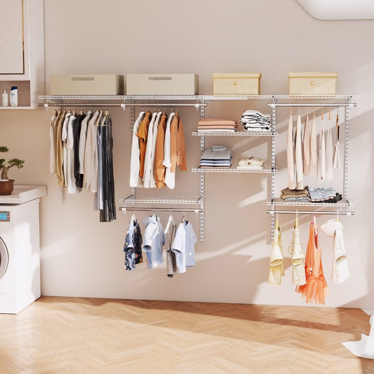 Costway Sistema di organizzazione e stoccaggio armadi con asta pendente e scaffali per camera da letto, Bianco