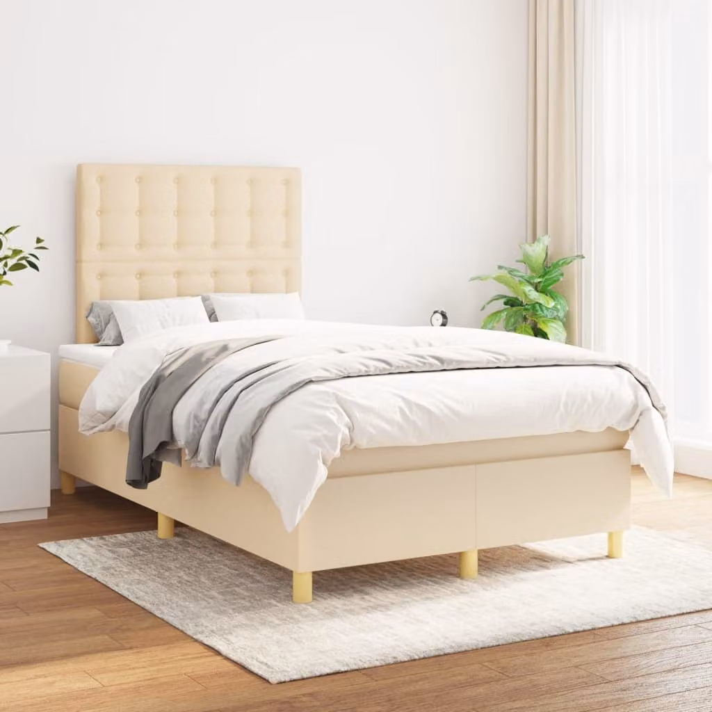 The Living Store Letto a molle con materasso crema 120x200 cm in tessuto